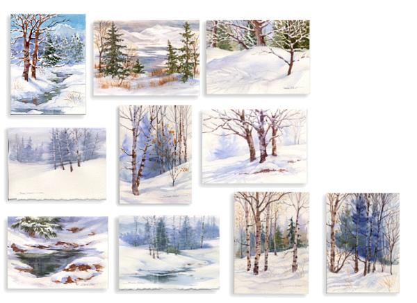 Winter Landscape Greeting Cards, Painting Watercolor Winter Landscape Cards